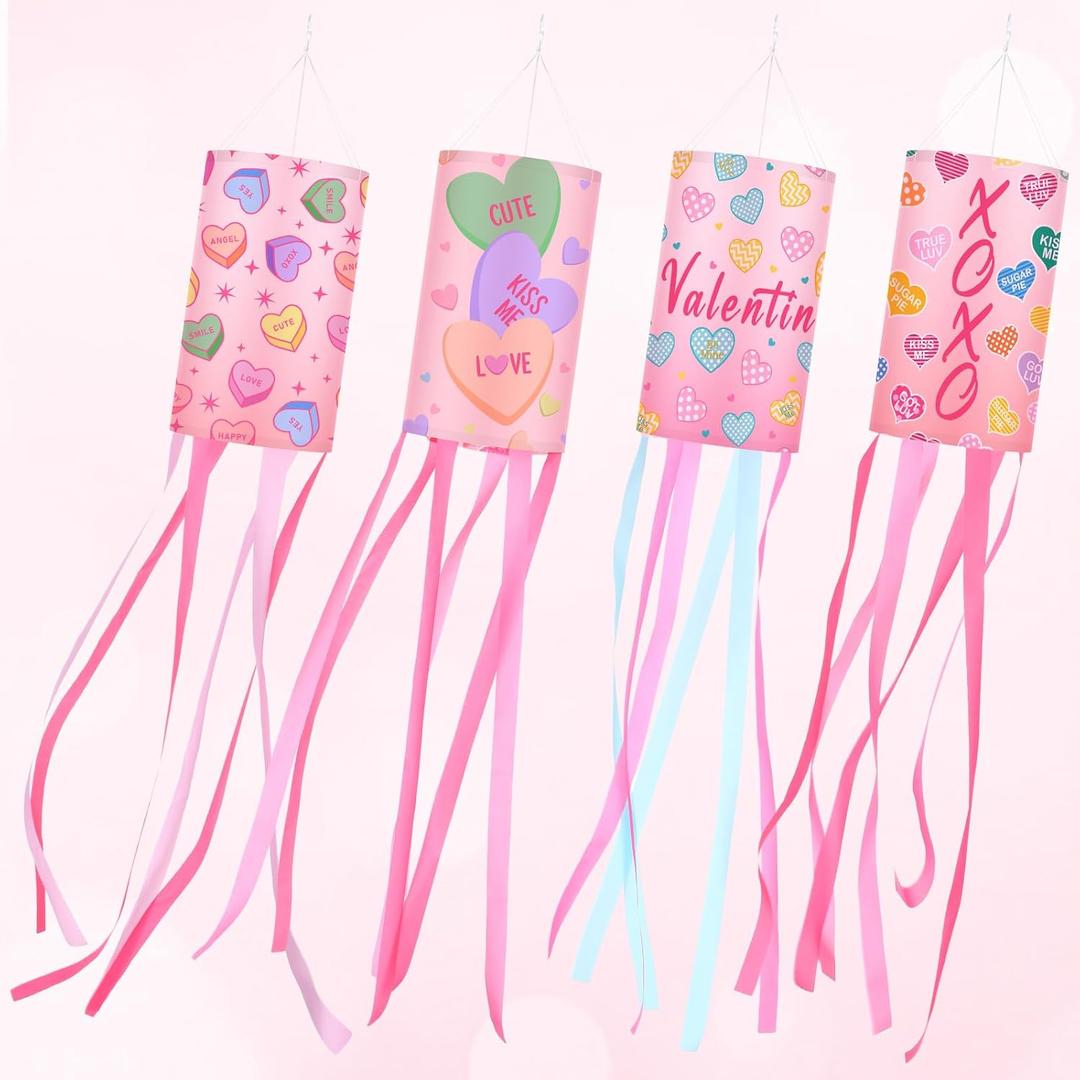 Flutesan 4 Pcs Valentine's Day Windsock 40-inch with Hook Outdoor Hanging Decoration Pink Heart-shaped Valentine's Theme Holiday Windsock for Patio Terrace Garden Path Party Decoration
