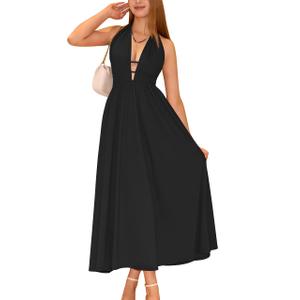 YMDUCH Women's Sexy Halter V Neck Sleeveless Backless A-line Cocktail Party Long Dress Black, Medium