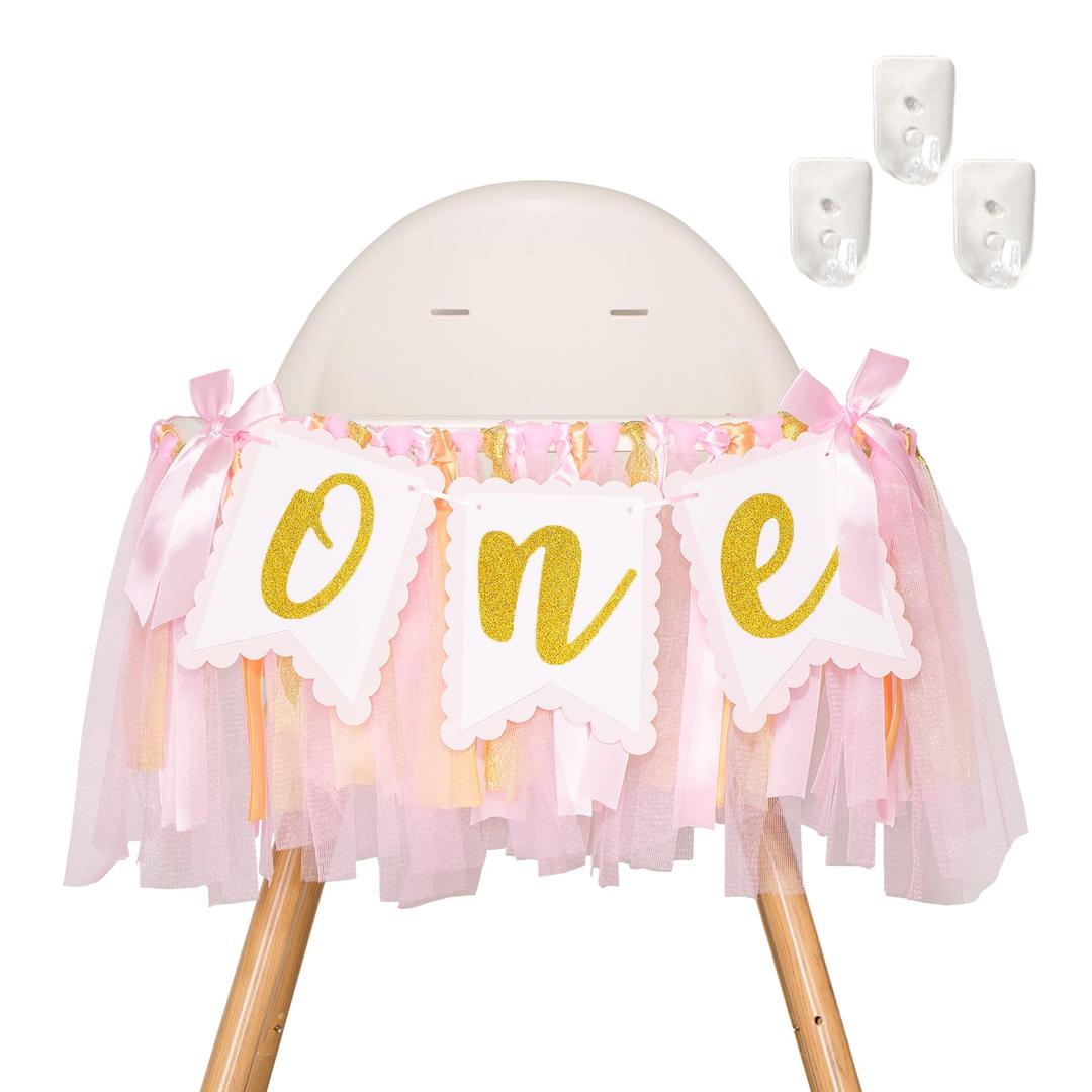 1st Highchair Banner Birthday Girl - NO DIY First Birthday Highchair Banner Pink One Year Old Birthdays Party Decoration 1st Highchair Garland Decoration for Princess Fairy Baby Photo Prop Party Decor