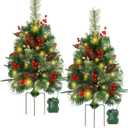 24in Pathway Christmas Trees Outdoor Set of 2, Pre-Lit Artificial Xmas Urn Filler with Lights & Ornaments, Battery Operated for Holiday New Year Winter Walkway Patio Driveway Yard Lawn