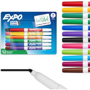 EXPO Dry Erase Markers, Low Odor Ink, Assorted Colors, Fine Tip, 12 Count - Back to School, Teacher, Classroom, Office Supplies
