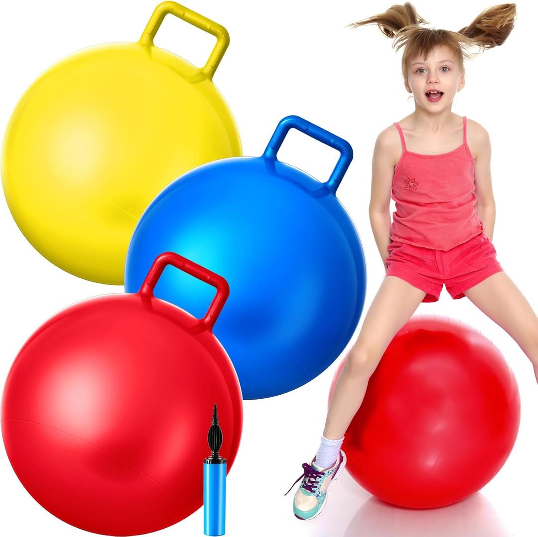Lewtemi 3 Pcs 20 Inch Bouncing Ball with Handle, Outdoors Hopper Jumping Hopping Ball and Air Pump for Sports School Games Exercise (Red, Blue, Yellow)