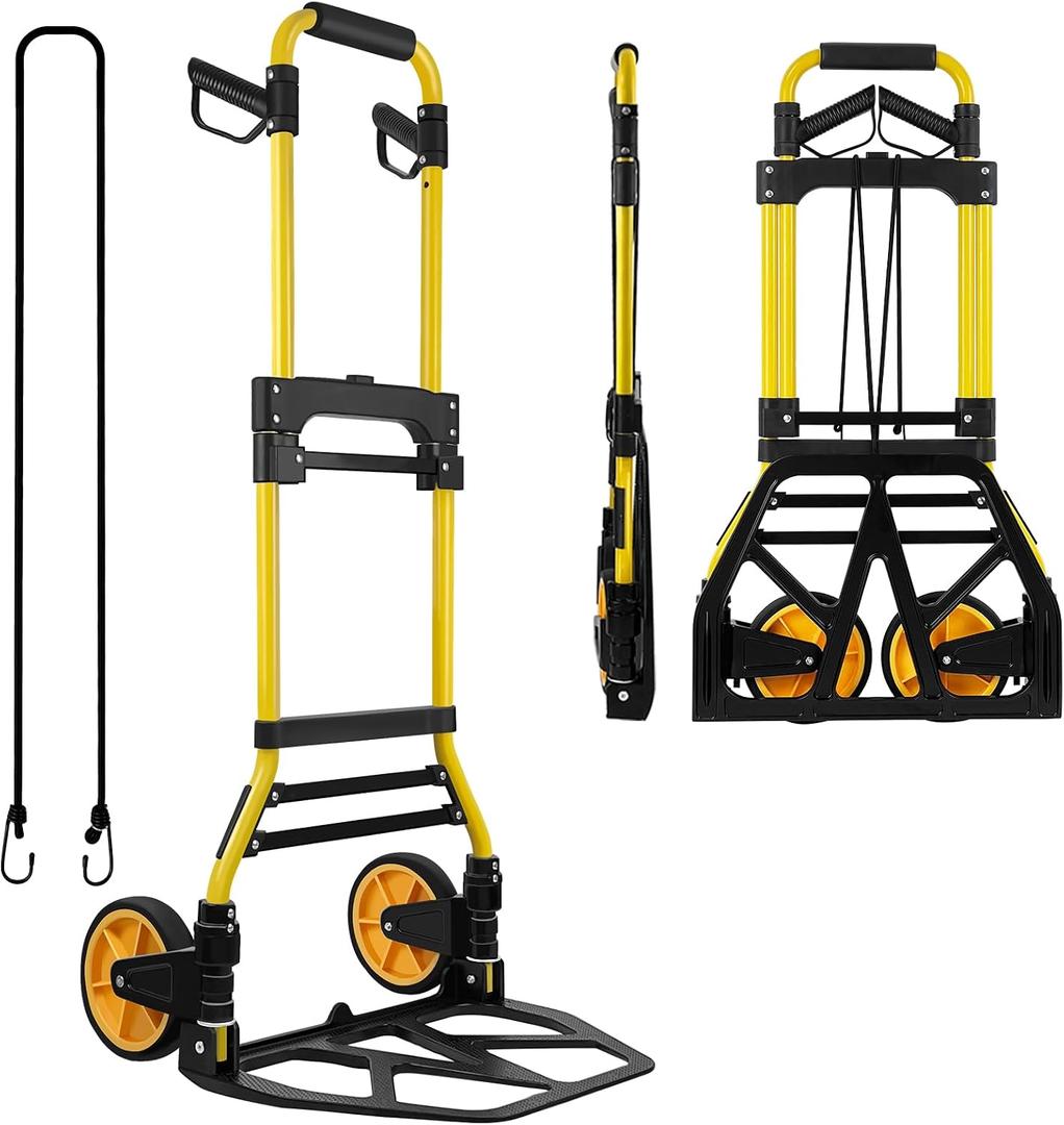 Folding Hand Truck and Dolly, 440lbs Capacity Portable Luggage Dolly Cart with Rubber Wheels and Retractable Handle, Aluminum Foldable Hand Cart for Transportation/Luggage/Mobile/Travel/Office Use