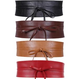 WERFORU 4 Pack Women Obi Belt PU Leather Self Tie Wrap Wide Waistband Boho Belt for Costumes (C-black+brown+coffee+red)