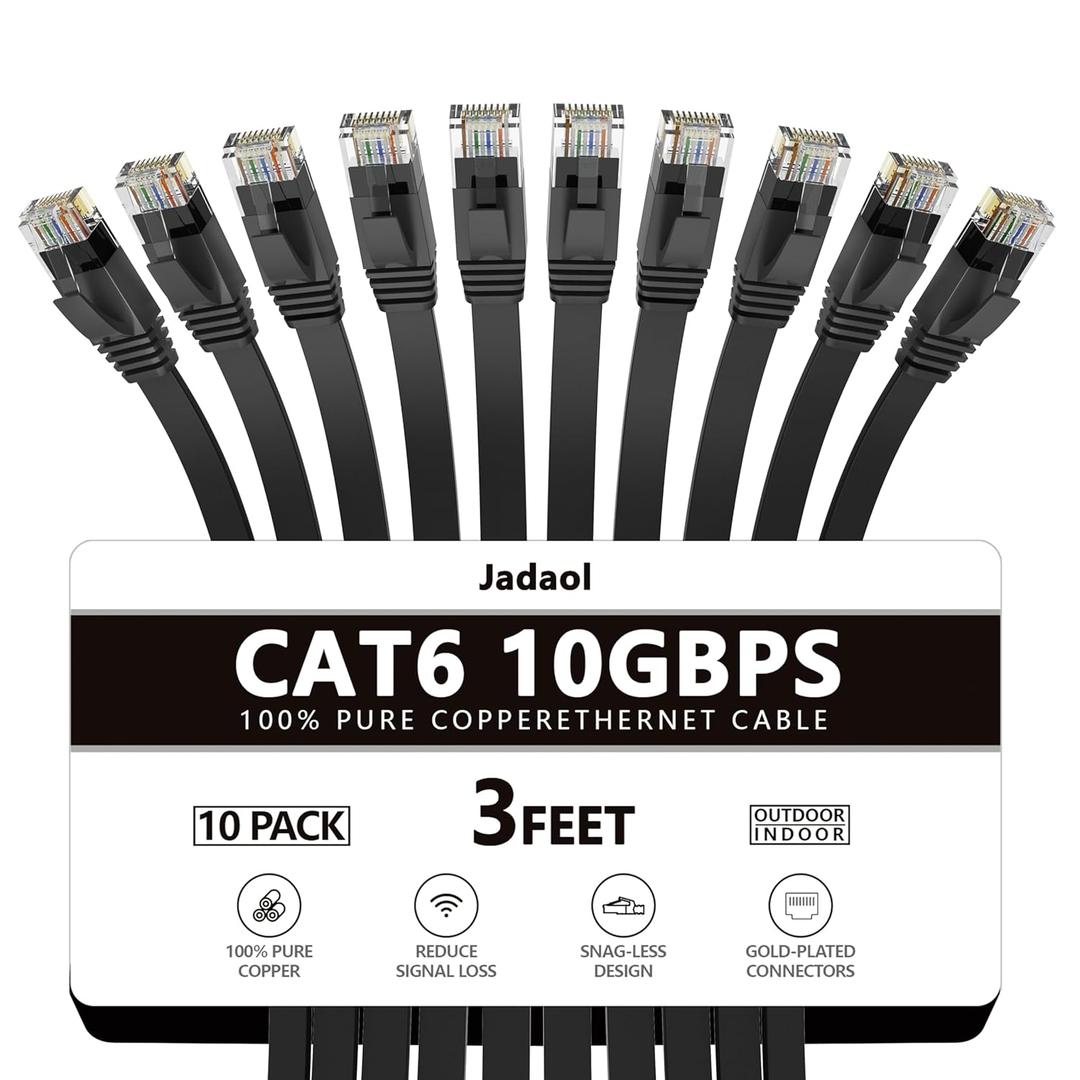 Jadaol Cat 6 Ethernet Cable 3ft 10-Pack, 10Gbps Support Cat8 Cat7 Network, Flat High Speed LAN Internet Patch Cables, Short Ethernet Cables for Router, Modem, Switch, PC, Laptop, Gaming Console, Black