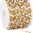 33 Feet Gold Enamel Chains Bulk, 2mm 18K Gold PVD Plated 304 Stainless Steel White Enamel Beaded Cable Link Chain Roll Spool for Jewelry Making