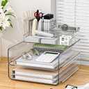 Paper Organizer Letter Tray - Acrylic Stackable Desk File Organizer with 5-Gird Tray and Pencil Holder, Clear File Organizer for Desk, Office Organizer for File Paper, Ipad, Letter, Small Item Etc