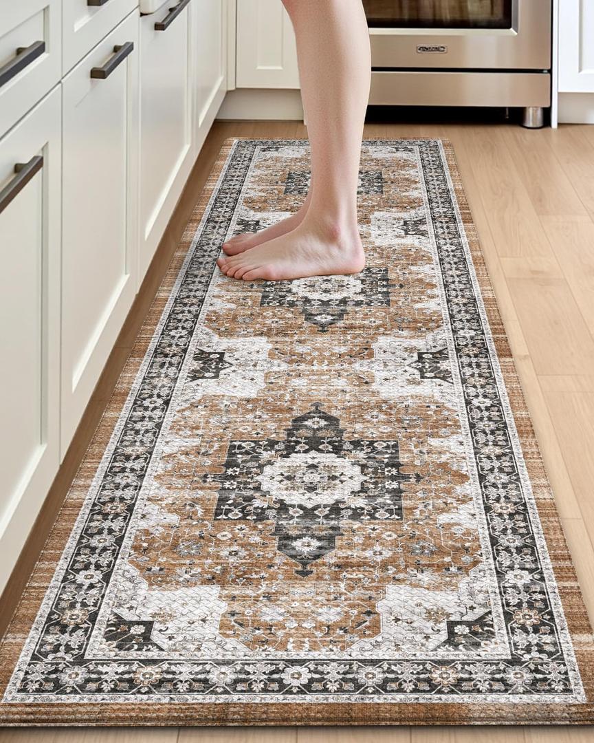 DEXI Kitchen Floor Mats Cushioned Anti Fatigue, 23x86 Long Wide Standing Comfort Runner Rug, Waterproof Retro Floral Memory Foam Padded for Front Sink Laundry, Brown/White DEXI Kitchen Floor Mats Cushioned Anti Fatigue, 23x86 Long Wide Standing Comfort Runner Rug, Waterproof Retro Floral Memory Foam Padded for Front Sink Laundry, Brown/White