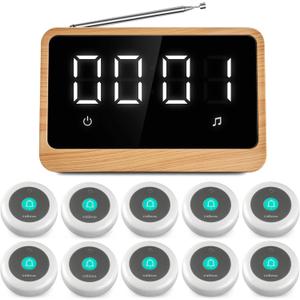 Wireless Call Light System with Call Buttons for Elderly at Home Bell for Clinic, Seniors, Assisted Living, Emergency, Wellness Center, Hospital Restaurant, Maple Wood (CRU + 10 Call Buttons White)