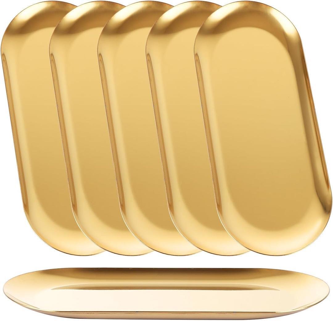 AKOLAFE 11 PCS Stainless Steel Serving Tray Set Gold Platters for Serving Food Small Metal Tray Decorative 9" Long Plate Oval Storage Tray Thickened Serving Dishes for Entertain Party Buffet Sushi Snack