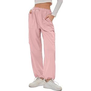 Bloggerlove Womens Cargo Pants Wide Leg Jogger Y2K Parachute Drawstring Waist Casual Baggy Pant with Pockets Trendy Pink L