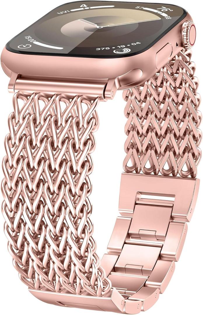 Minyee Compatible with Apple Watch Band 41/40/38/44/45/46/49/42mm Women, Dressy Stainless Steel Metal Chain Strap Designer Starlight Link Bracelet Wristband for iWatch Series 10 9 8 7 6 5 4 Ultra SE (42mm(Series 3)/44/45/49/46mm(Series 10), Rose Pink)