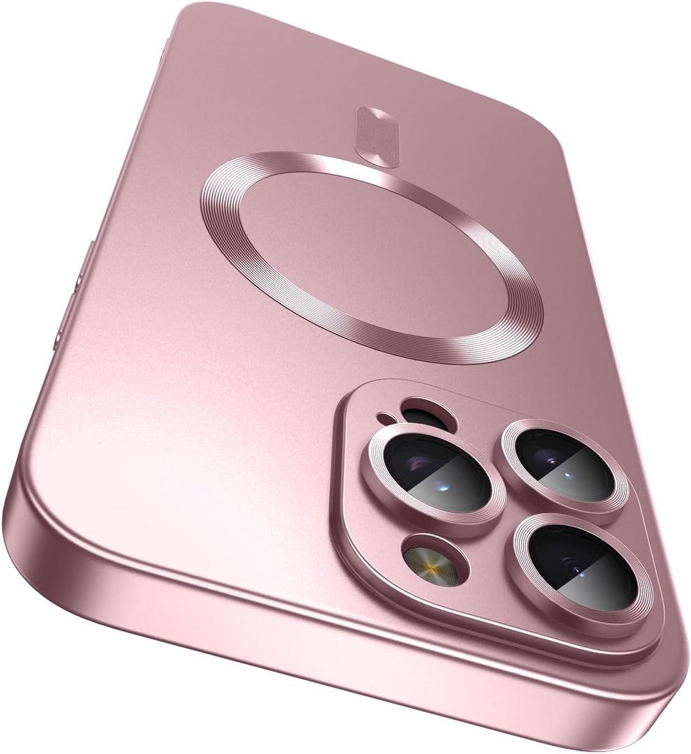 Magnetic for iPhone 15 Pro Case [Compatible with MagSafe][Built-in Camera Lens Protector] Slim Soft Silicone Bumper Shockproof Metallic Shine Phone Case (Rose Gold)