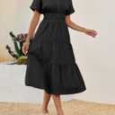 Wenrine Womens Summer Short Sleeve Maxi Dresses Casual V Neck Smocked Loose Tiered Flowy Shirt Dress with Pockets (Black, XL)