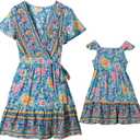 PopReal Mommy and Me Dresses Boho Casual Maxi Dress Summer Short Dress V Neck Wrap Floral Print Short Sleeve, Size: 3T