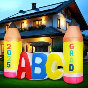Leyndo 6ft Preschool Graduation Inflatable Kindergarten Graduation Decorations 2025 ABC Pencil Cap Inflatable Photo Background with LED Lights Blow up for School Prom Indoor Outdoor Lawn Decorations