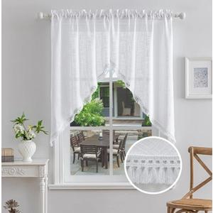 Beda Home Tassel Linen Textured Swag Curtain Valance for Farmhouses’ Kitchen; Light Filtering Rustic Short Swag Topper for Small Windows Bedroom Privacy Added Rod Pocket Design (White 36x45- Set of 2)