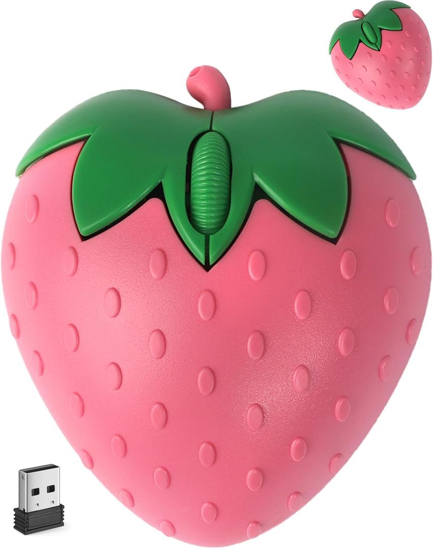 Wireless Bluetooth Mouse Cute Pink Fruit Strawberry Shape Silent Portable Lightweight USB Optical Cordless Dual Mode Mice for PC Laptop Computer Tablet Mac MacBook Pro Desktop Kids Girls Women Gift