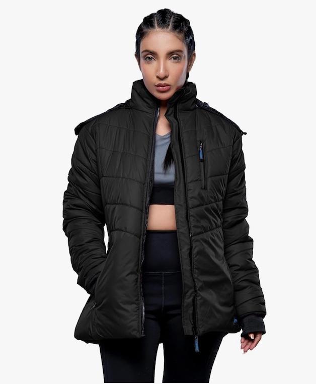 URBAN BUCK Women Puffer Jacket Faux Fur Trimmed Hooded Midweight Windproof & Water Repellent Paola Black Womens Winter Down Hiking Coat (M)