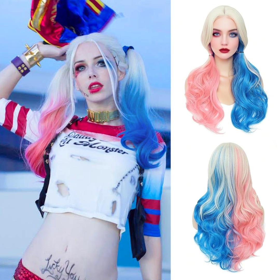 Pink and Blue Wig Cosplay Wig Long Wavy Wigs for Women Middle Part Wig 26 inch Natural Curly Synthetic Heat Resistant Fiber Wigs for Cosplay Halloween Costume Party Use