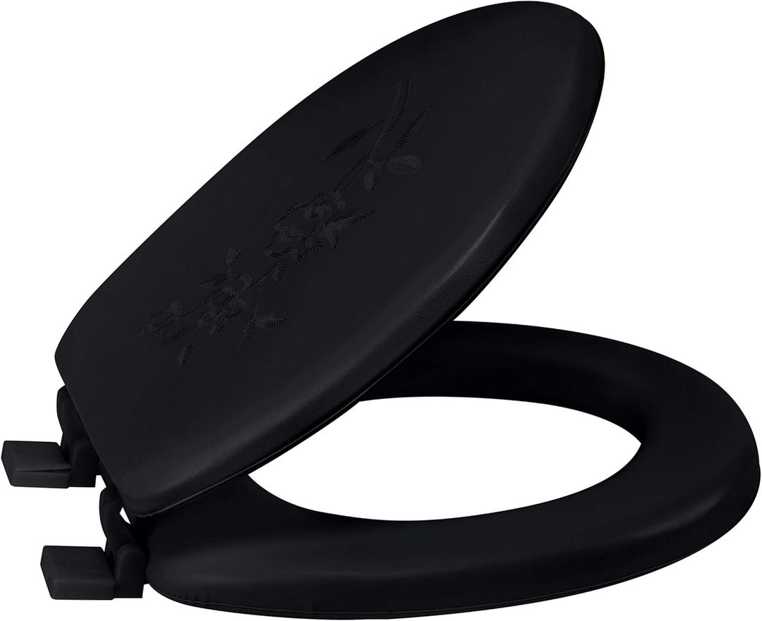Bath Bliss Extra Soft Standard Round Toilet Seat | Decorative Vinyl Lid | Adjustable Quick Screw Attach Non-Slip Hinges | Bathroom | Black