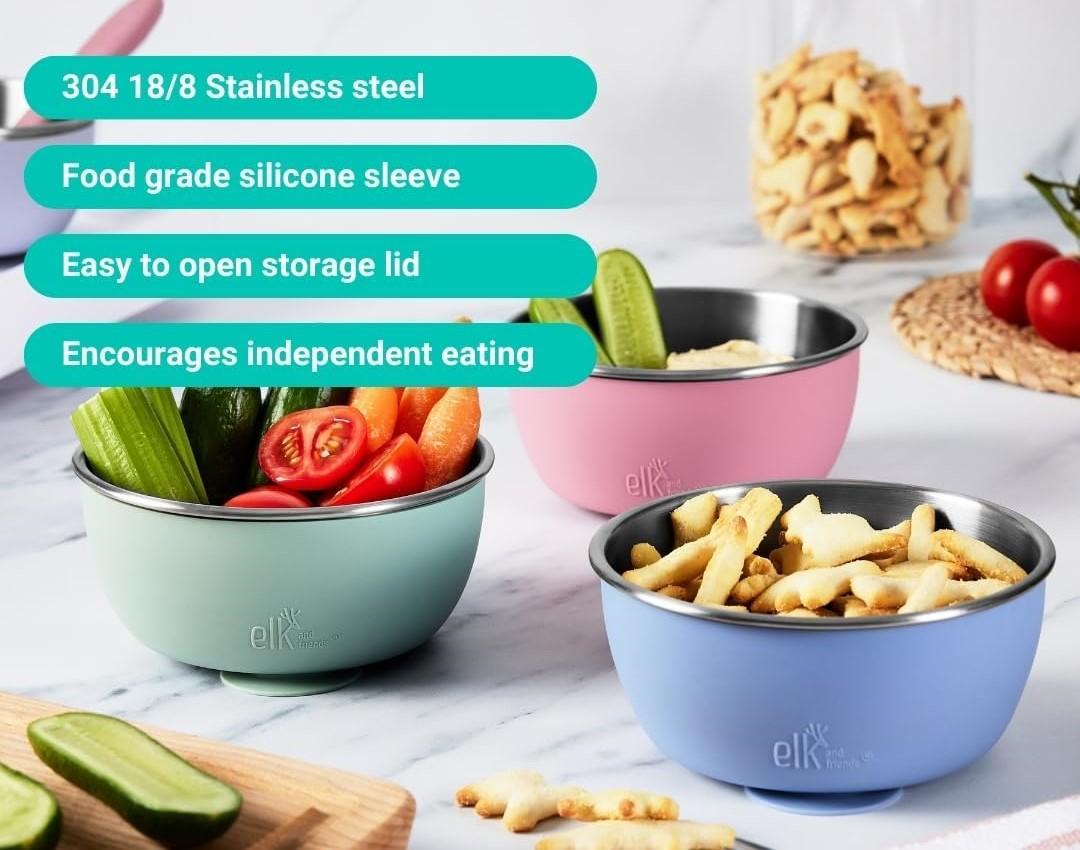 Elk and Friends Stainless Steel Bowls with Silicone Sleeve for Babies & Toddlers | Lids Included | Stay Put Suction | Cereal & Snack Bowls | 3 pack