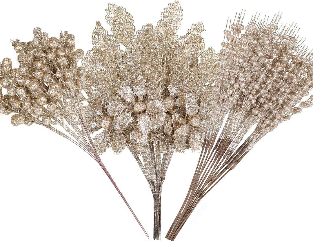 Alupssuc 24 Pcs 3 Styles Glitter Christmas Tree Picks and Holly Berry Stems Christmas Decorations Set, Poinsettia Flowers Artificial for Xmas Tree Ornaments or Party Wreath Fireplace, Champagne Gold