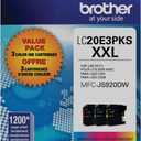 Brother Genuine High Yield Color Ink Cartridge, 3 Pack of LC20E, Replacement Color Ink Three Pack, Includes 1 Cartridge Each of Cyan, Magenta & Yellow, Page Yield Up to 1200 Pages/Cartridge, LC20E
