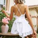 firfig Womens Deep V-Neck Cami Dress Crisscross Open Back Tie Waist Mini Dresses (White, XL)