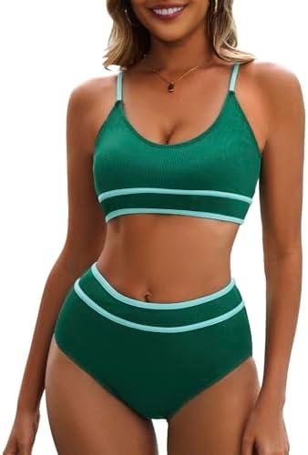 Century Star High Waisted Bikini Sets for Women Sporty Two Piece Swimsuit Ribbed Color Block Bathing Suit M