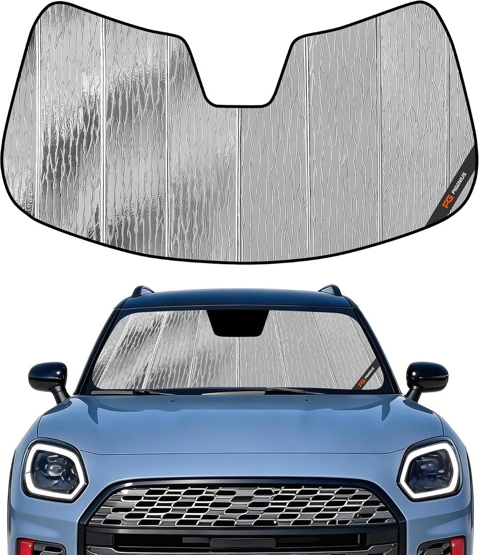 Pigenius Windshield Sunshade for Mini Countryman 2025-2026, Reversible Silver/Black, Liquid Silver Flowing Light & Zero Fold Elastic Strap - Installs in Seconds