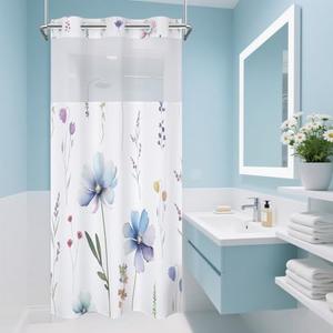 TERSUM No Hook Shower Curtain with Snap in Liner Set, Modern RV Blue Floral Small Stall Shower Curtains for Bathroom Hotel Decor 36 x 74in