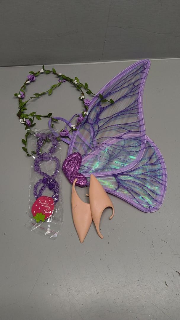 Sratte 4 Pcs Fairy Butterfly Wings for Girls Kids Princess Floral Crown Star Wand Ears Halloween Dress up Costume Accessories(Purple)