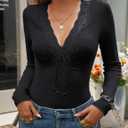 CiCiBird Womens Sexy Lace V Neck Long Sleeve Top Slim Fit Going Out Shirt 2025 Spring Fall Fashion Tee (Black, L)