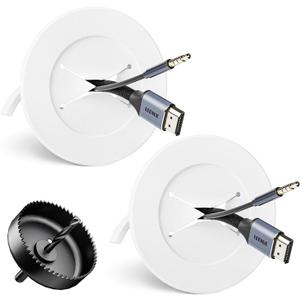 in Wall Cable Management Kit, Slim TV Wire Hider Kit for Wall Mounted TV, 2 Pcs Pass Through with Hole Saw for Network, HDMI, Speaker Cables, Coaxial, White