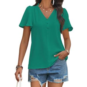 Womens Blouses Short Flutter Sleeve V Neck Chiffon Work Tops Casual Dressy Shirts Flowy Office Outfit 2025 Trendy (Green, XXL)
