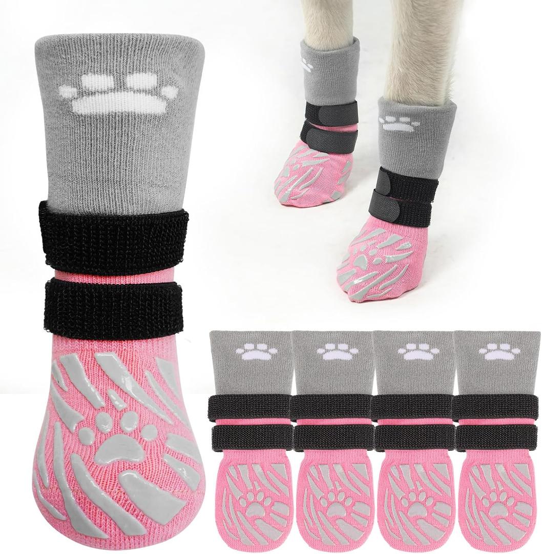 SCENEREAL Dog Socks to Prevent Licking Paws for Hot/Cold Pavement, Dog Boots & Paw Protectors for Small Medium Large Dogs, Senior Dog Grippy Socks Booties for Hardwood Floors Winter Outdoor, Pink M (M(Pack of 4))
