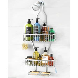 Shower Caddy Hanging Bathroom Organizer: Over Head Long Rack for Tall Showerhead - Extra Large Shelf for Big Shampoo Bottles with Soap Holder (Silver)