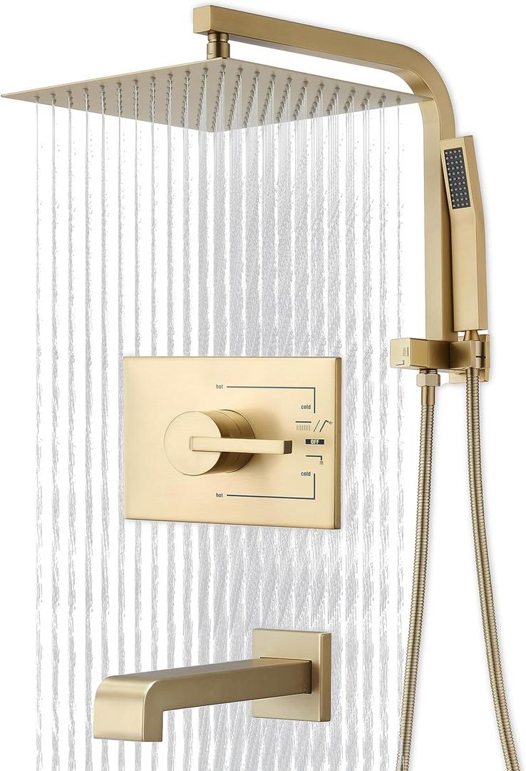 SOOOHOT Brushed Gold Shower Fixtures, Gold Shower Faucet Set with 12 Inch Gold Shower Heads with Handheld Spray Combo and Tub Spout, Shower Systems with Rain Shower and Handheld (Valve Included)