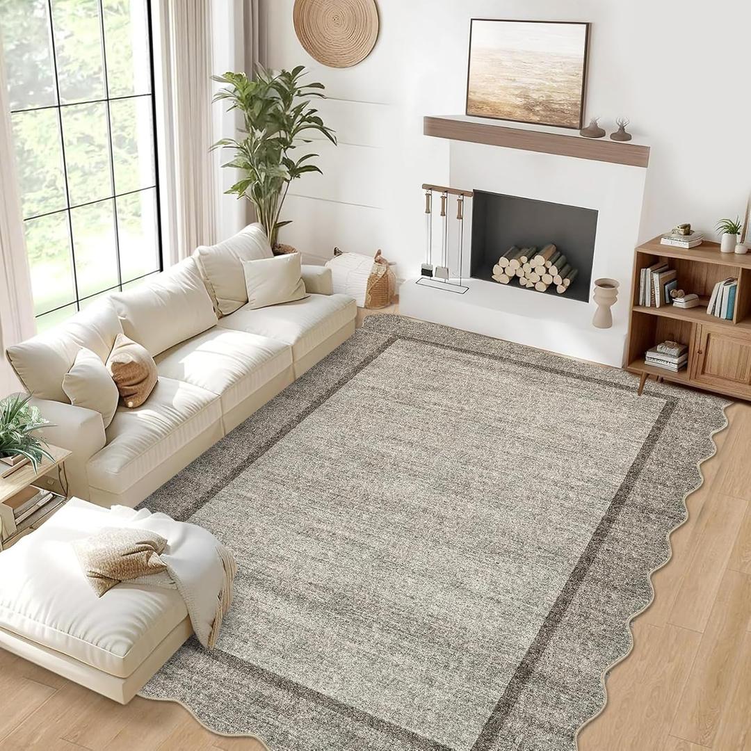 GarveeHome Scalloped Washable Rug 8x10 Rugs for Living Room Modern Bedroom Rug Large Area Rug Non Slip Throw Rugs Soft Low Pile Stain Resistant Carpet for Nursery Classroom Dining Room 8'x10' Brown