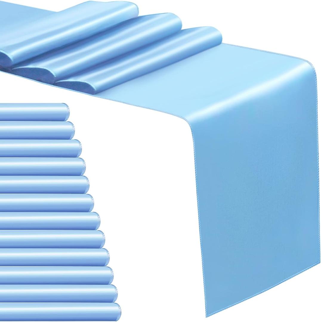 12 Pack Satin Table Runner 12 x 108 Inch Long Satin Table Runners for Wedding Banquet Graduations Birthday Party Decoration (Baby Blue)