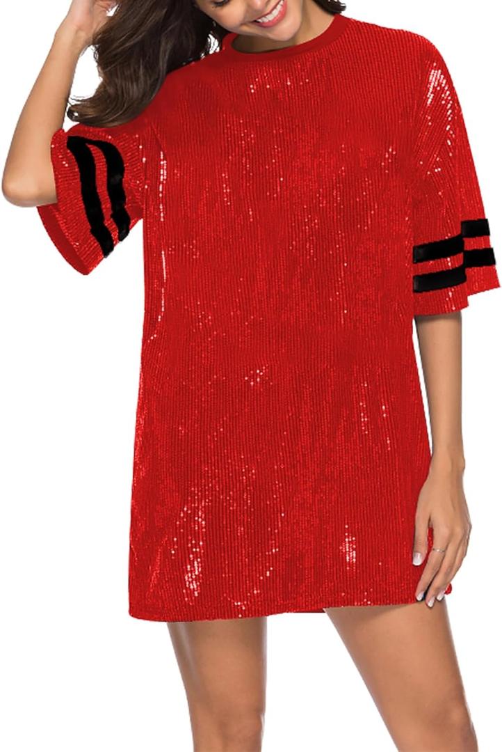Women's Sparkly Sequin Short Sleeve T-Shirt Dress Casual Loose Cute Tunic Blouse (Medium)