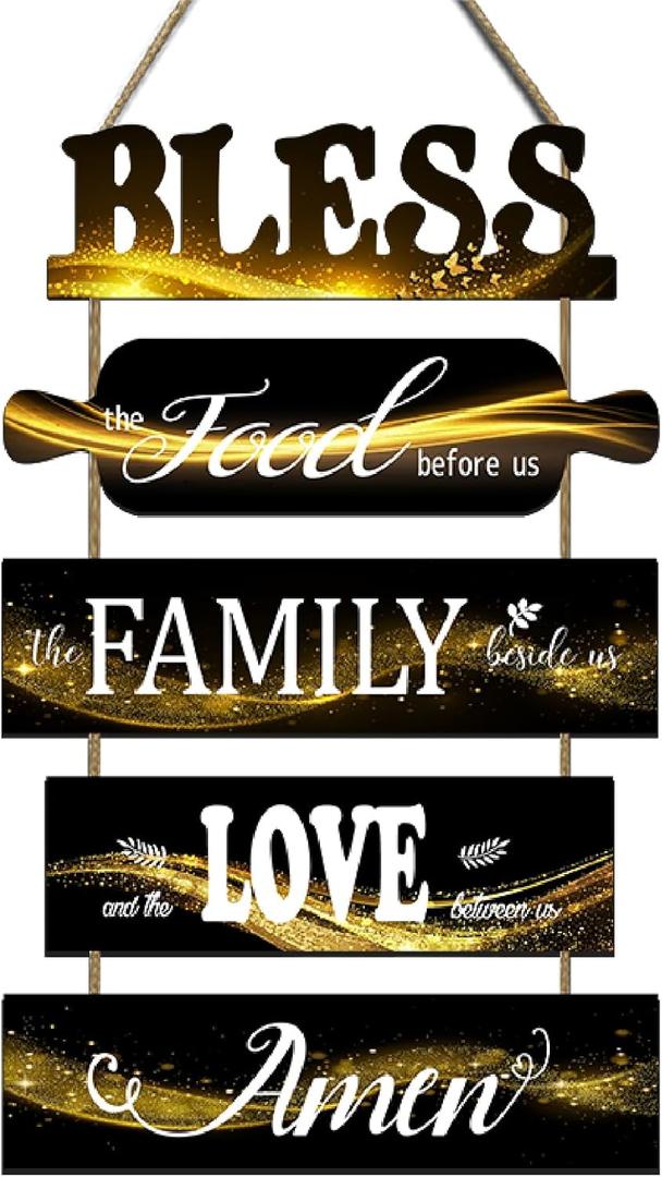 Bless the Food Before Us for Kitchen Signs Wall Decor, Black Gold Rustic Dining Room Decorations, Decorative Country Vertical Wood Signs Plaques, Inspirational Wall Art for Living Room Bedroom