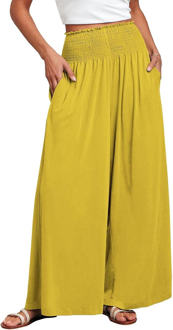 ANRABESS Women Palazzo Pants Summer Boho Bagyy Wide Leg High Smocked Waist Casual Loose Lounge Pant with Pocket (S)