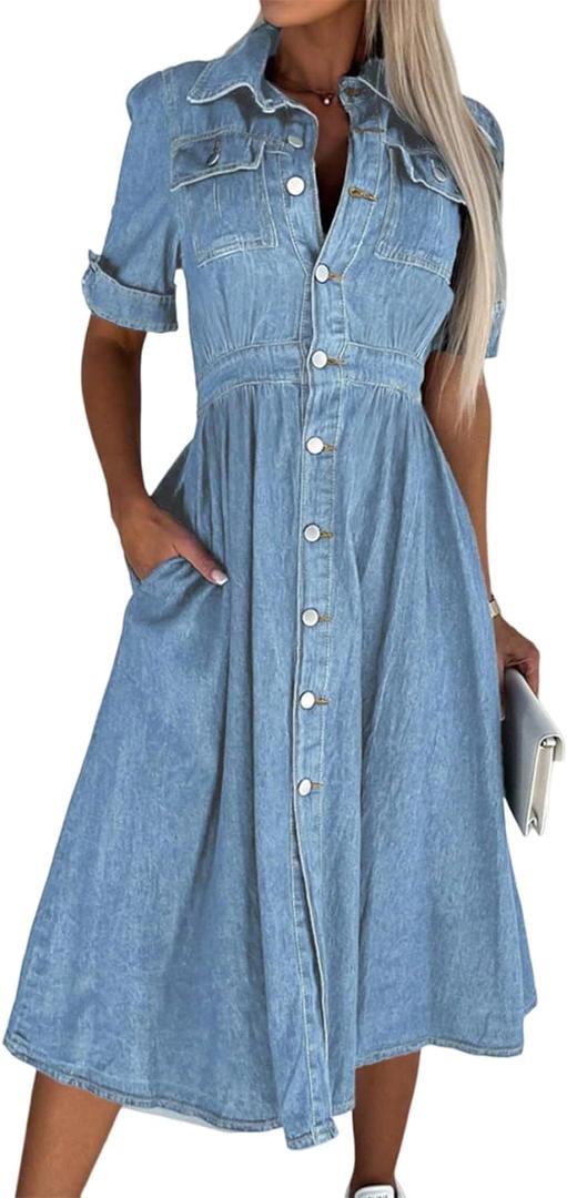 Women Denim Shirt Dress V Neck Short Sleeve Long Bottom Down A-Line Jeans Dresses with Pockets (Large, Blue)
