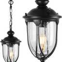 JYZ Vintage Dusk to Dawn Outdoor Hanging Lantern, 15 Inch Rustic Exterior Pendant Light Fixture with Seeded Glass, Antique Black Ceiling Mount Chandelier for Porch, Patio, Gazebo, Entryway JYOPL04