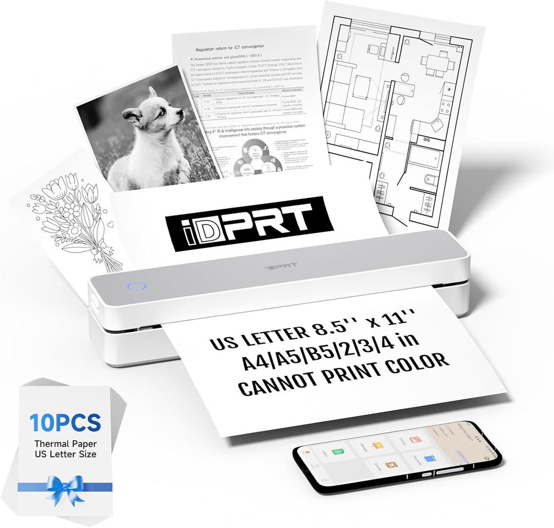 iDPRT Portable Printer Wireless for Travel - Bluetooth Mobile Printer Support for 8.5"x11" US Letter, Inkless Compatible with iOS, Android, Laptop for Office, Car and Home (pro, White)