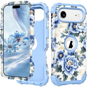 PIXIU Unique Flower Pattern Compatible with iPhone Air 6.5 inch case,Heavy Duty Dual Layer Shockproof Full-Body Protective Sturdy Hybrid Cute Rugged Case for Women,Girls,Kids-Blue Peony (A17)