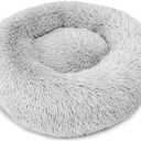 Dog & Cat Bed for Indoor Cats, 21.5 in Calming Donut Bed for Puppy and Kitten, Washable Round Fluffy Pet Bed for Small Medium Dogs and Cats Cotton Faux Fur, Anti-Slip Base (Light Grey)