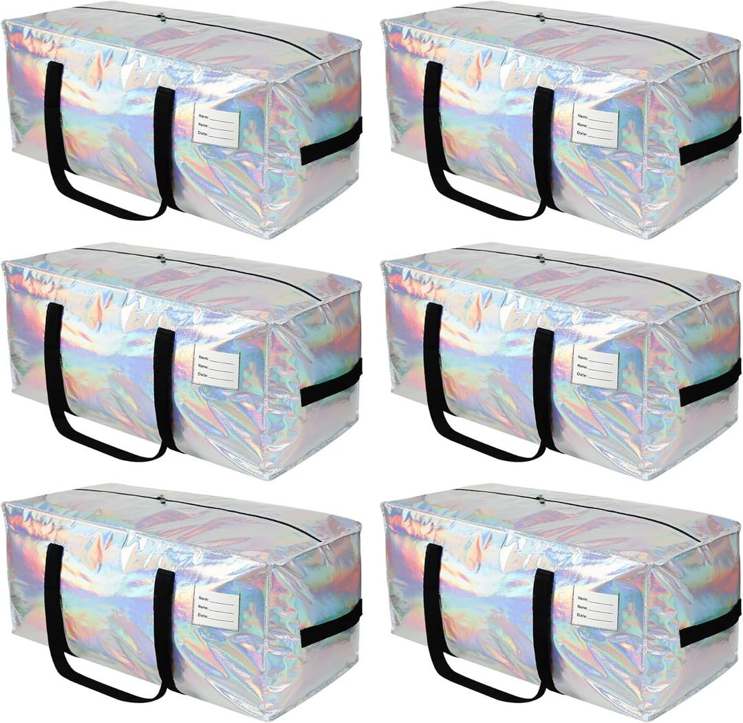 6 Pack Heavy Duty Moving Bags Extra Large Waterproof Foldable Clothing Storage Totes Bags with Zipper,Reinforced Handles,Packing Moving Boxes for Dorm & Seasonal Storage,Iridescent